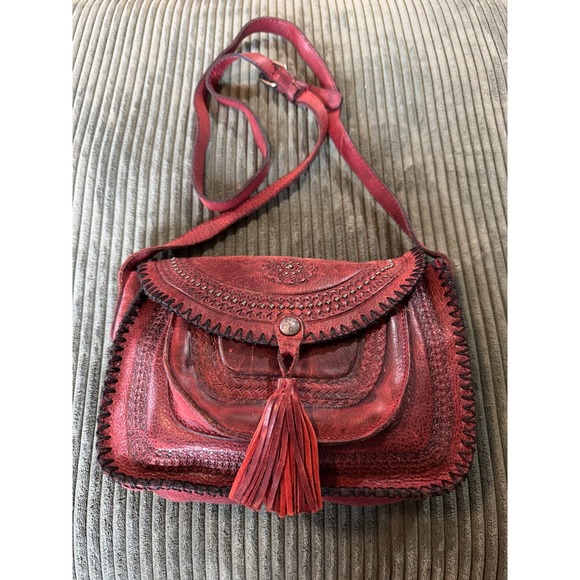 Patricia Nash Handbags - Patricia Nash Leather Crossbody Embossed Bag Red Purse Handbag with Tassel Boho